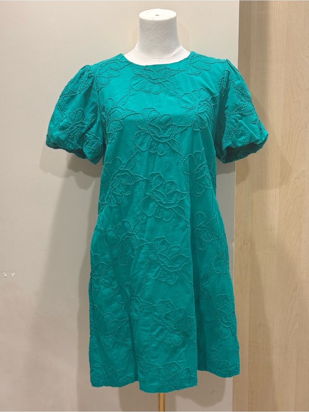 J. Crew Factory Teal Floral Appliqué Puff-Sleeve Mini Dress